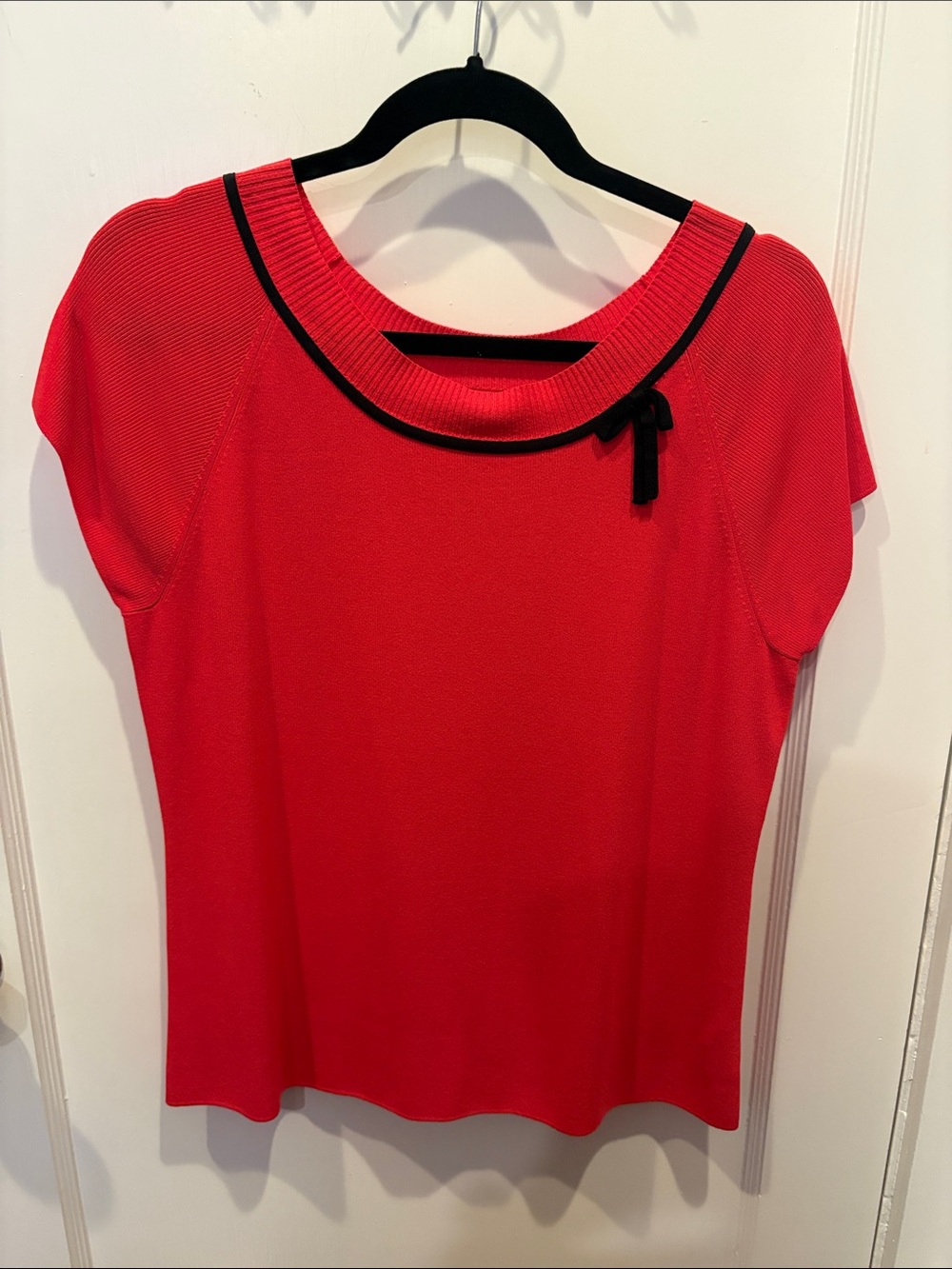 Carolyn Taylor Red Short Sleeve Top with Black Trim and Bow BN506